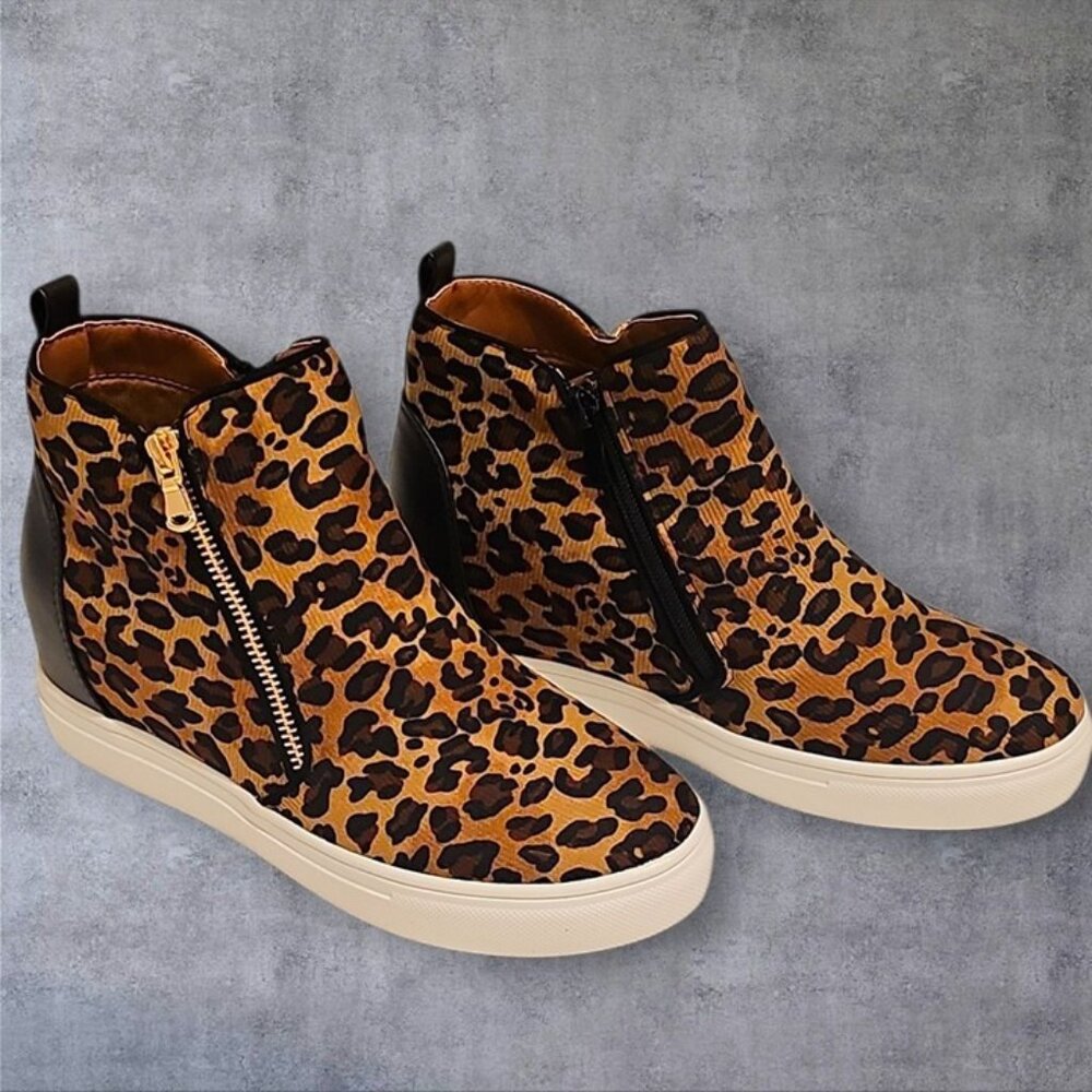 Leopard Print Side-Zip Wedge Sneakers For Women Faux Leather Upper Rubber Sole